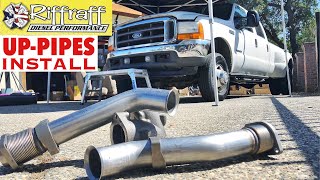 2001 F350 73  RiffRaff UpPipes Install  Stock up pipes leaking and falling apart JUNK SP [upl. by Ofella]